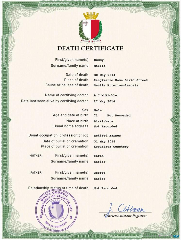 Download Malta vital record death certificate PSD template Photoshop template
